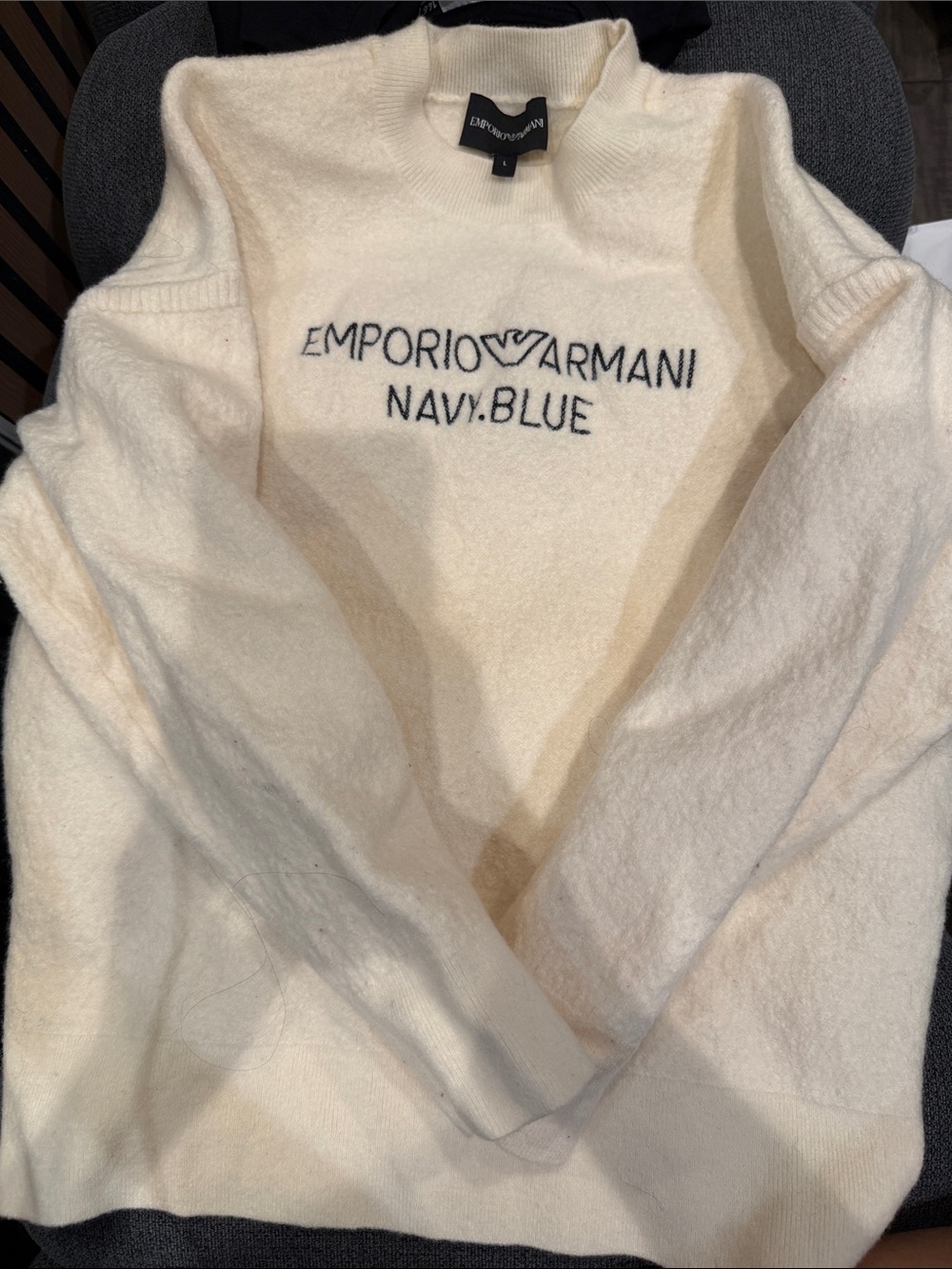 Emporio Armani Cream Knit Logo Turtleneck Sweater with Navy Blue Embroidery